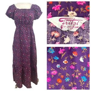 Vintage 70s FRITZI Womens (S) Purple Floral Dress Maxi Empire Cottage Puff USA